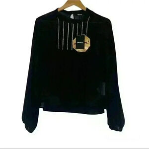 NWT Dkny black high neck silve rivets long sleeve blouse m